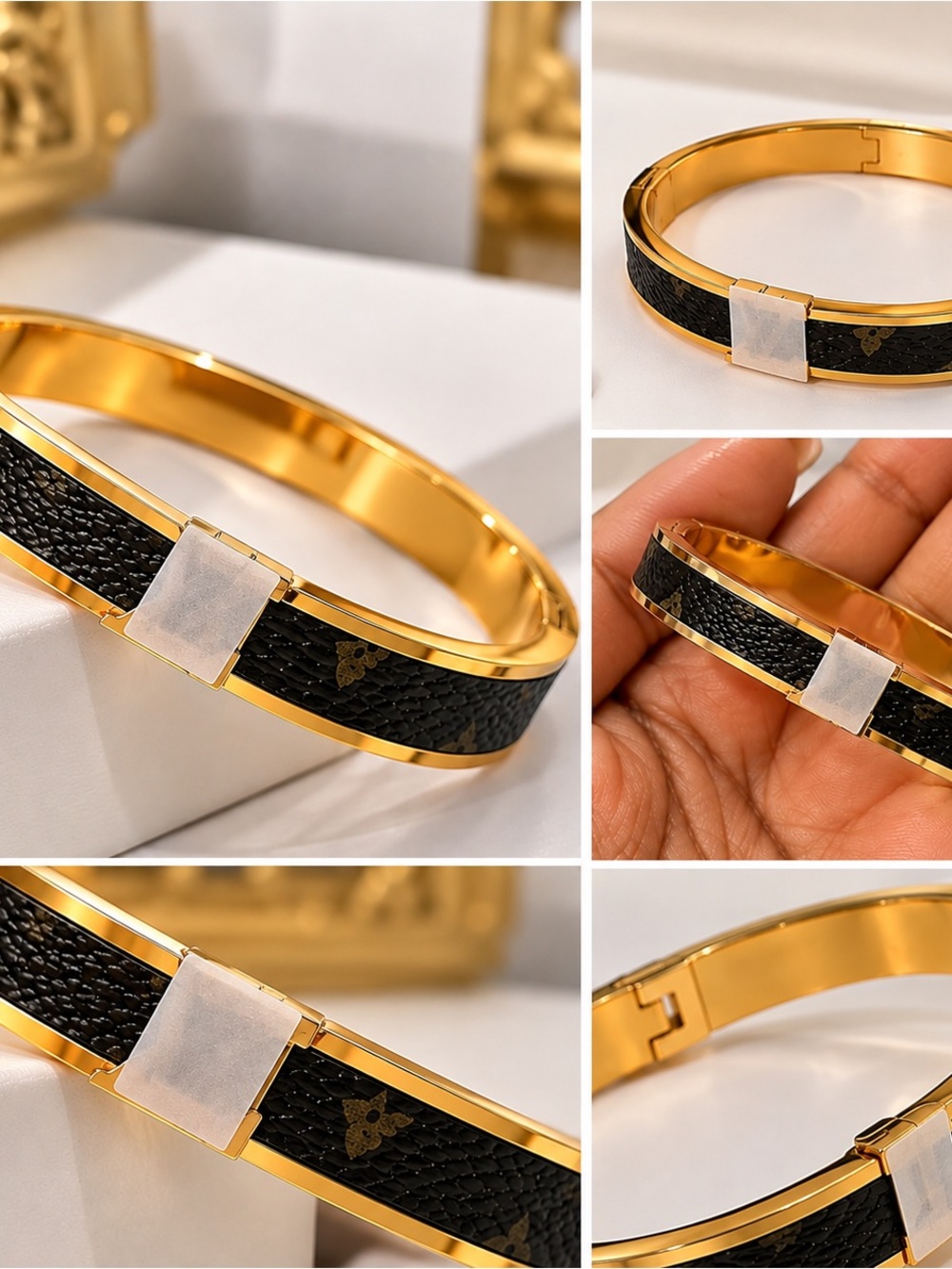 Others Follow Gold-Tone Bangle with Black Textured Inlay